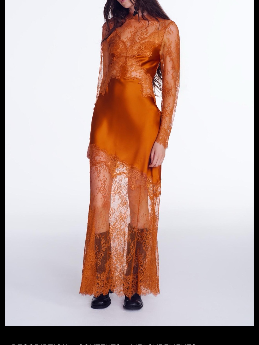 Zara Burnt Orange Satin & Lace Long-Sleeve Chemise